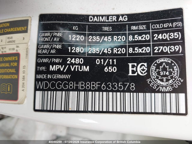 40080259 :رقم المزاد ، WDCGG8HB8BF633578 vin ، 2011 Mercedes-benz Glk 350 4matic مزاد بيع