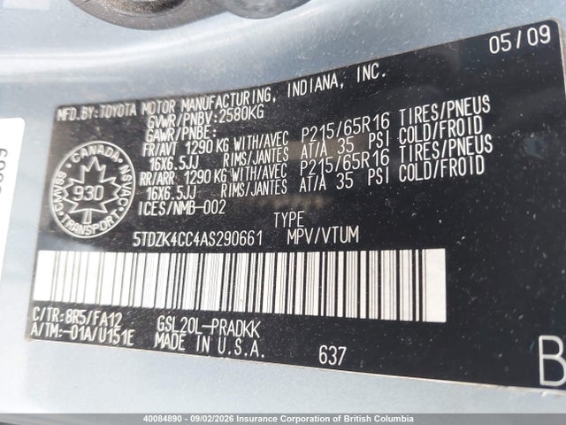 40084890 :رقم المزاد ، 5TDZK4CC4AS290661 vin ، 2010 Toyota Sienna Ce مزاد بيع
