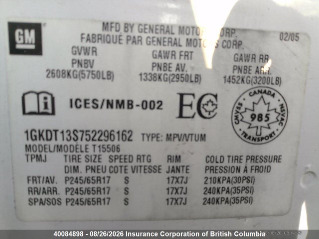 Aukcja sprzedaży 2005 Gmc Envoy, vin: 1GKDT13S752296162, numer aukcji: 40084898