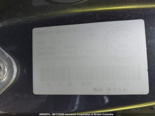 Aukcja sprzedaży 2008 Honda Accord Exl, vin: 1HGCP26848A810580, numer aukcji: 40082874
