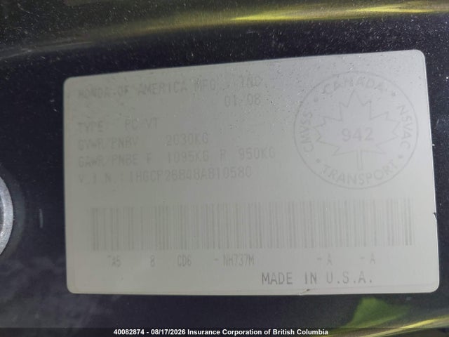 Aukcja sprzedaży 2008 Honda Accord Exl, vin: 1HGCP26848A810580, numer aukcji: 40082874