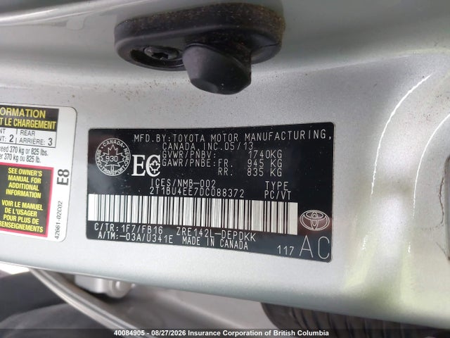 2013 Toyota Corolla S/le მანქანა იყიდება აუქციონზე, vin: 2T1BU4EE7DC088372, აუქციონის ნომერი: 40084905