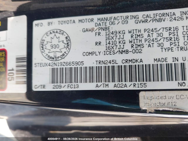 2009 Toyota Tacoma Access Cab მანქანა იყიდება აუქციონზე, vin: 5TEUX42N19Z665905, აუქციონის ნომერი: 40084911