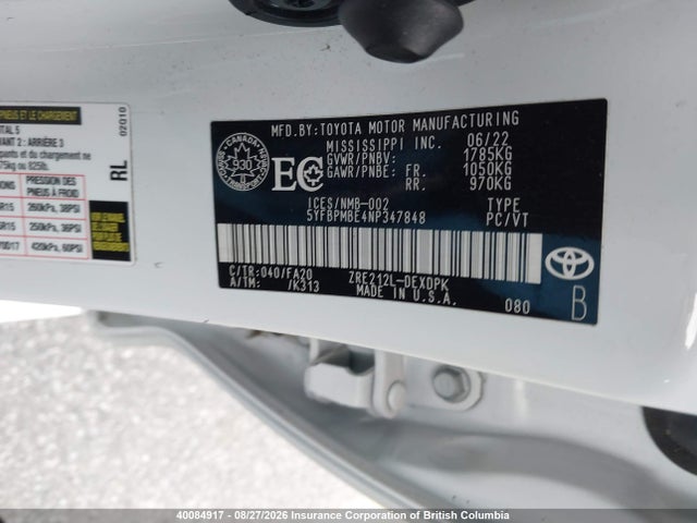 5YFBPMBE4NP347848 Toyota Corolla Le/xle