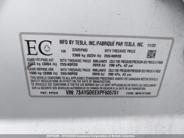 Tesla Model Y 2023 7SAYGDEEXPF605751 Image 9