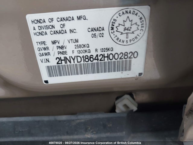 Продаж на аукціоні авто 2002 Acura Mdx Touring, vin: 2HNYD18642H002820, номер лоту: 40078020