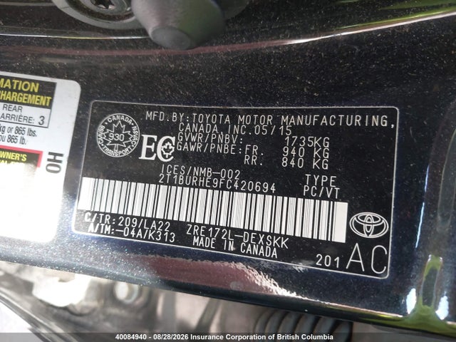 2T1BURHE9FC420694 Toyota Corolla L/le/le Pls/prm/s/s Pls