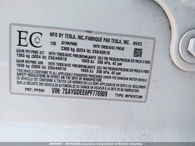 Tesla Model Y 2023 7SAYGDEE6PF778909 Image 9