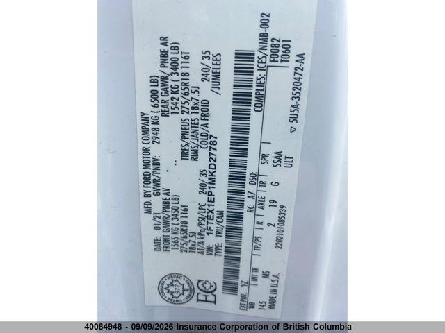 40084948 :رقم المزاد ، 1FTEX1EP1MKD27787 vin ، 2021 Ford F150 مزاد بيع