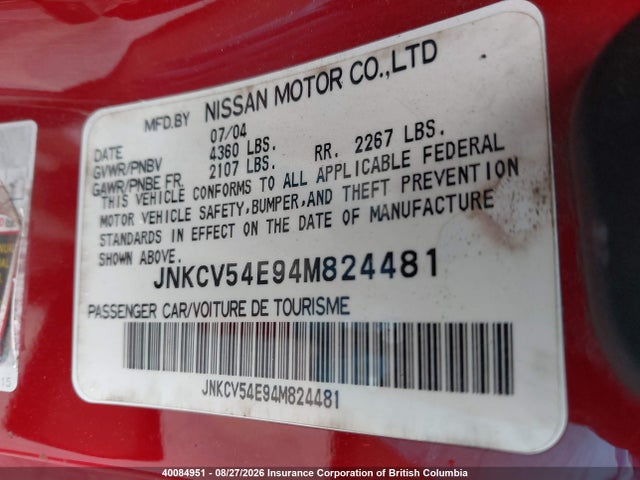 40084951 :رقم المزاد ، JNKCV54E94M824481 vin ، 2004 Infiniti G35 مزاد بيع