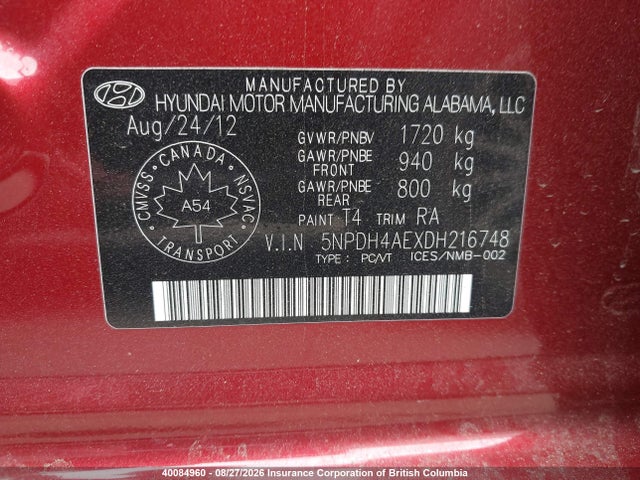 Продаж на аукціоні авто 2013 Hyundai Elantra Gl, vin: 5NPDH4AEXDH216748, номер лоту: 40084960