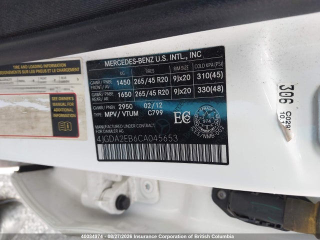 40084974 :رقم المزاد ، 4JGDA2EB6CA045653 vin ، 2012 Mercedes-benz Ml 350 Bluetec مزاد بيع