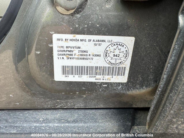 Продаж на аукціоні авто 2008 Honda Pilot, vin: 5FNYF186X8B502172, номер лоту: 40084976