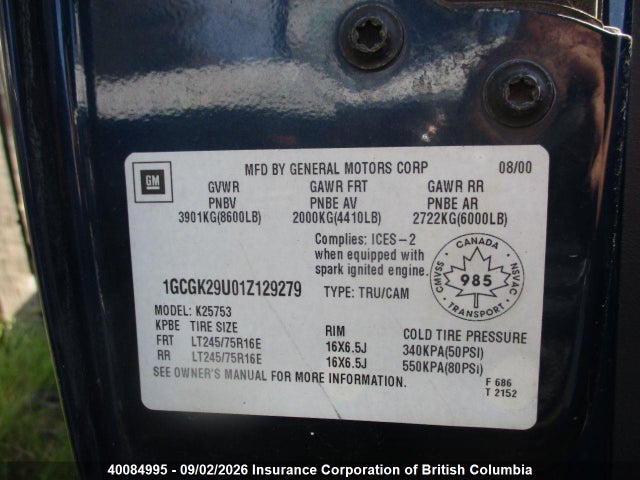 Aukcja sprzedaży 2001 Chevrolet Silverado K2500, vin: 1GCGK29U01Z129279, numer aukcji: 40084995