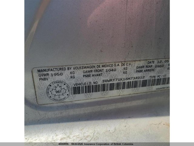 Aukcja sprzedaży 2006 Volkswagen Jetta, vin: 3VWRT71K16M734012, numer aukcji: 40084996