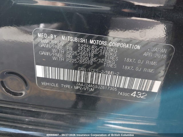 JA4J24A55JZ617305 Mitsubishi Outlander Se/gt