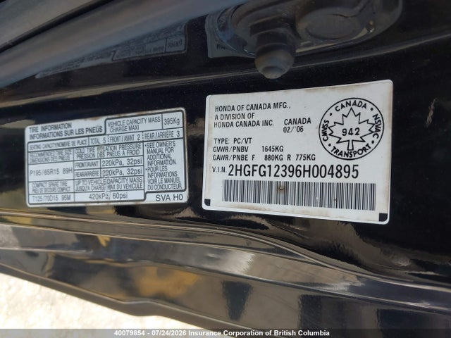 Aukcja sprzedaży 2006 Honda Civic Dx Vp, vin: 2HGFG12396H004895, numer aukcji: 40079854