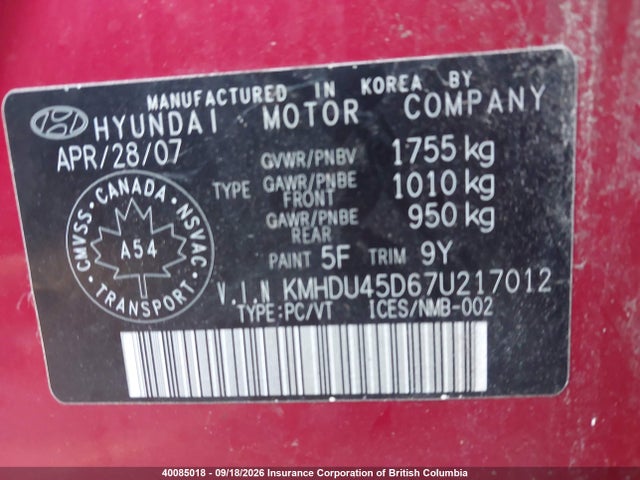 Продаж на аукціоні авто 2007 Hyundai Elantra Gl/gls, vin: KMHDU45D67U217012, номер лоту: 40085018