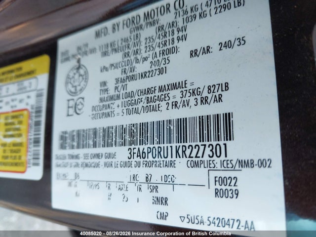 3FA6P0RU1KR227301 Ford Fusion Hybrid Titanium