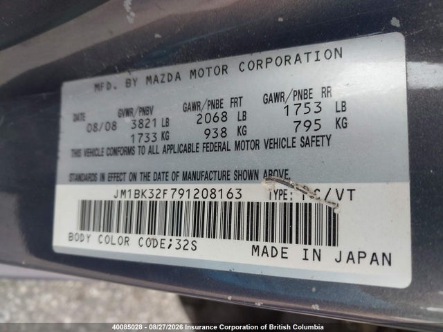 Aukcja sprzedaży 2009 Mazda 3 I, vin: JM1BK32F791208163, numer aukcji: 40085028