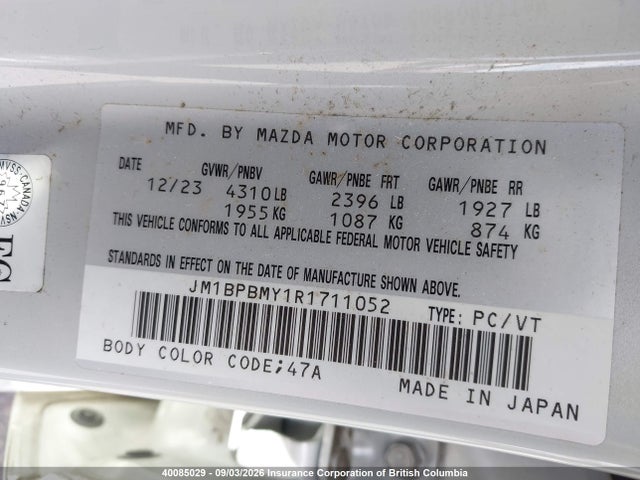 40085029 :رقم المزاد ، JM1BPBMY1R1711052 vin ، 2024 Mazda 3 Gt مزاد بيع