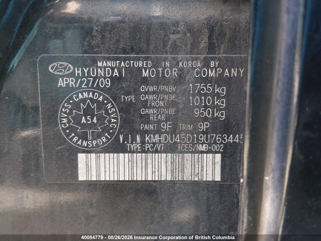 Продаж на аукціоні авто 2009 Hyundai Elantra Gls/se, vin: KMHDU45D19U763445, номер лоту: 40084779
