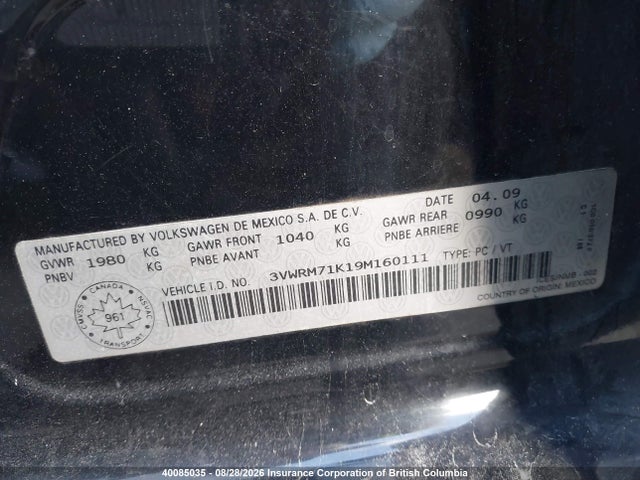 2009 Volkswagen Jetta მანქანა იყიდება აუქციონზე, vin: 3VWRM71K19M160111, აუქციონის ნომერი: 40085035
