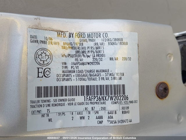 40085037 :رقم المزاد ، 1FAFP36NX7W202206 vin ، 2007 Ford Focus مزاد بيع