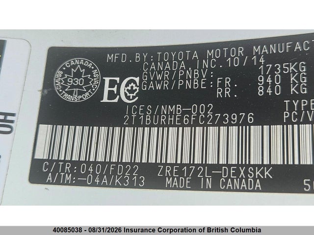 2T1BURHE6FC273976 Toyota Corolla L/le/le Pls/prm/s/s Pls