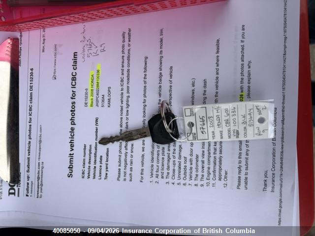 Продажа на аукционе авто 2008 Honda Cbr600 Rr, vin: JH2PC40228M100336, номер лота: 40085050