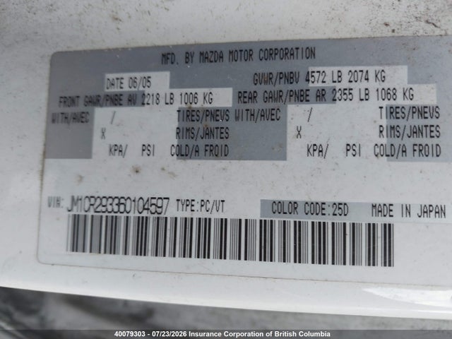 2006 Mazda 5 მანქანა იყიდება აუქციონზე, vin: JM1CR293360104597, აუქციონის ნომერი: 40079303