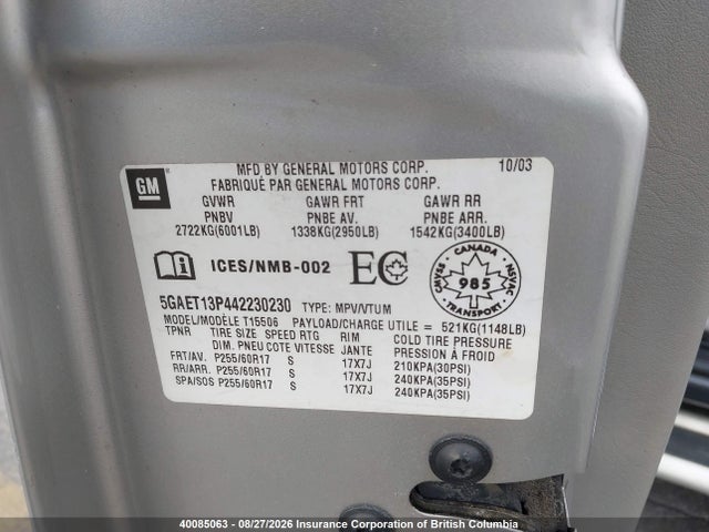 2004 Buick Rainier Cxl მანქანა იყიდება აუქციონზე, vin: 5GAET13P442230230, აუქციონის ნომერი: 40085063
