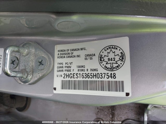 Продаж на аукціоні авто 2005 Honda Civic, vin: 2HGES16365H037548, номер лоту: 40085068