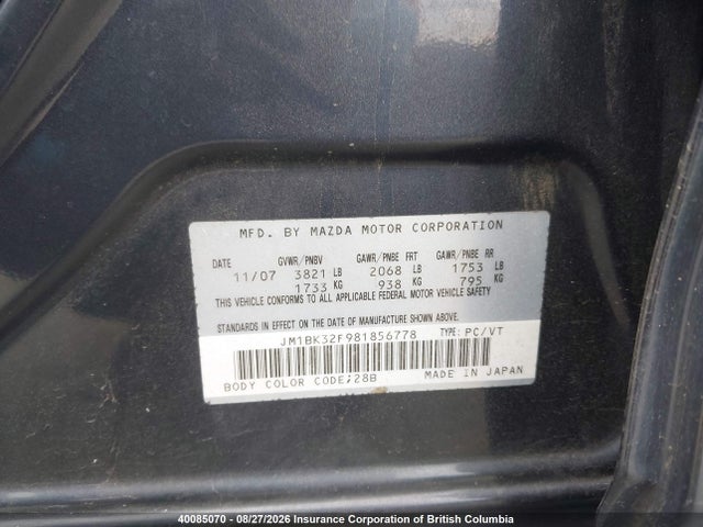Aukcja sprzedaży 2008 Mazda Mazda3 Gs/gx, vin: JM1BK32F981856778, numer aukcji: 40085070