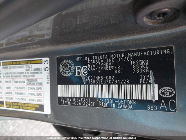40085076 :رقم المزاد ، 2T1BR32E37C791228 vin ، 2007 Toyota Corolla Ce/le/sport مزاد بيع