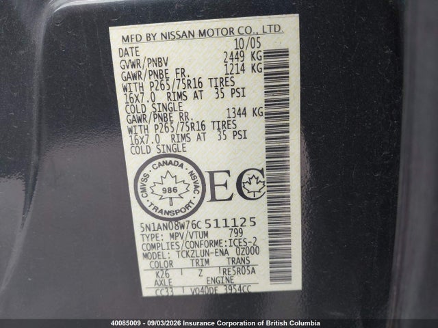 Продаж на аукціоні авто 2006 Nissan Xterra Off Road/s/se, vin: 5N1AN08W76C511125, номер лоту: 40085009