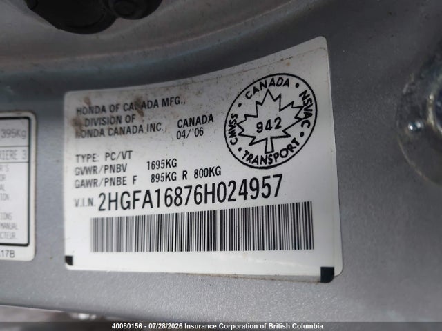 2006 Honda Civic Ex მანქანა იყიდება აუქციონზე, vin: 2HGFA16876H024957, აუქციონის ნომერი: 40080156