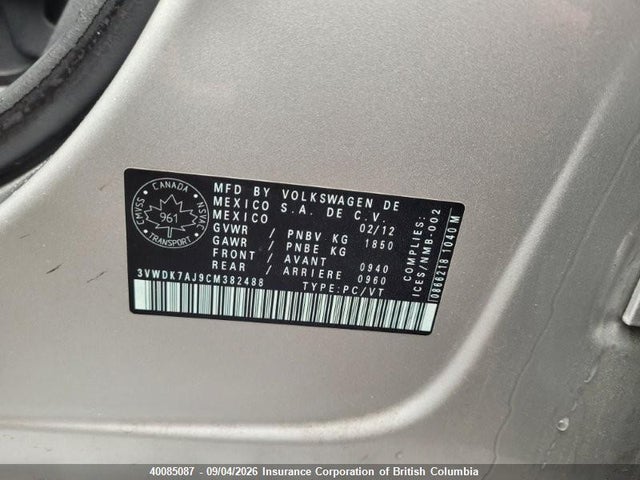 40085087 :رقم المزاد ، 3VWDK7AJ9CM382488 vin ، 2012 Volkswagen Jetta مزاد بيع