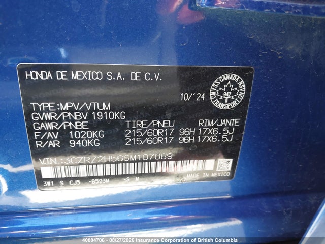 3CZRZ2H56SM107069 Honda HR-V SPORT