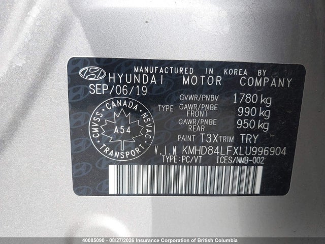 KMHD84LFXLU996904 Hyundai Elantra Sel/value/limited
