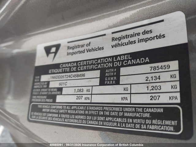 40085091 :رقم المزاد ، 1N6DD26T24C458496 vin ، 2004 Nissan Frontier Xe مزاد بيع