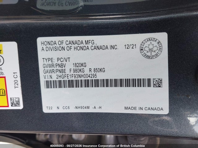 Honda Civic 2022 2HGFE1F93NH004295 Image 9