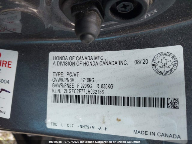 2HGFC2F77LH032186 Honda CIVIC EX