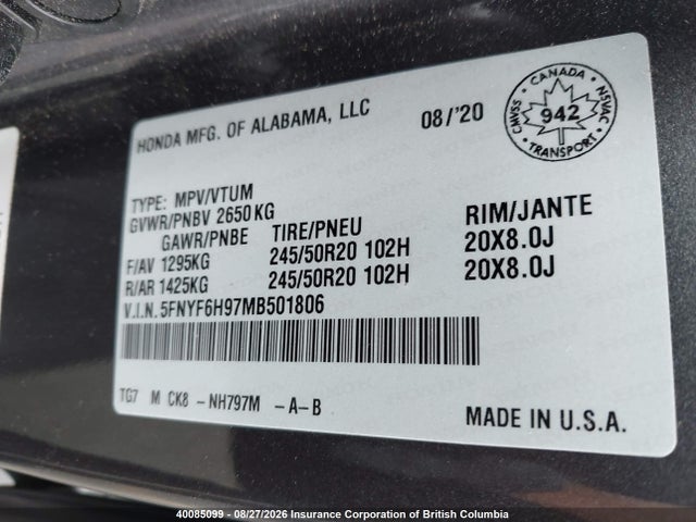 Honda Pilot 2021 5FNYF6H97MB501806 Image 9