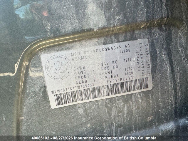 Aukcja sprzedaży 2007 Volkswagen Rabbit, vin: WVWCR71K47W135033, numer aukcji: 40085102