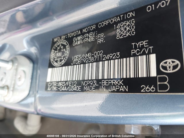 Aukcja sprzedaży 2007 Toyota Yaris, vin: JTDBT923871124923, numer aukcji: 40085108