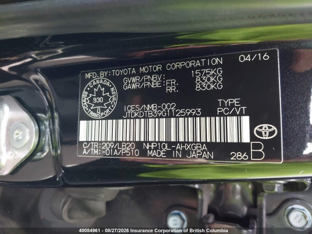 JTDKDTB39G1125993 Toyota PRIUS C