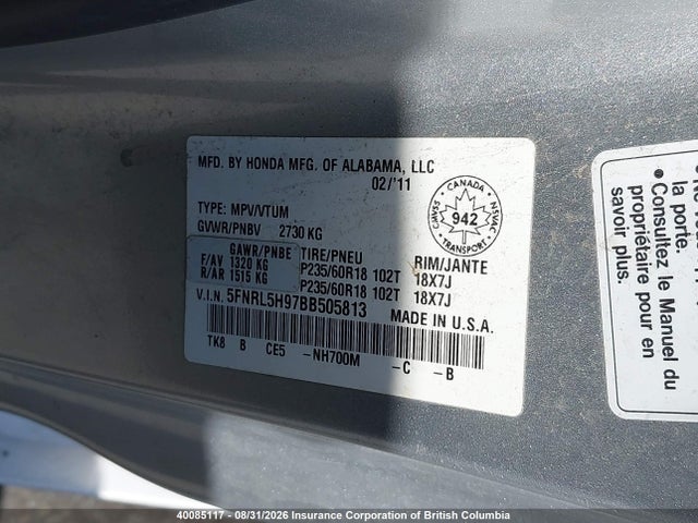40085117 :رقم المزاد ، 5FNRL5H97BB505813 vin ، 2011 Honda Odyssey Touring/touring Elite مزاد بيع