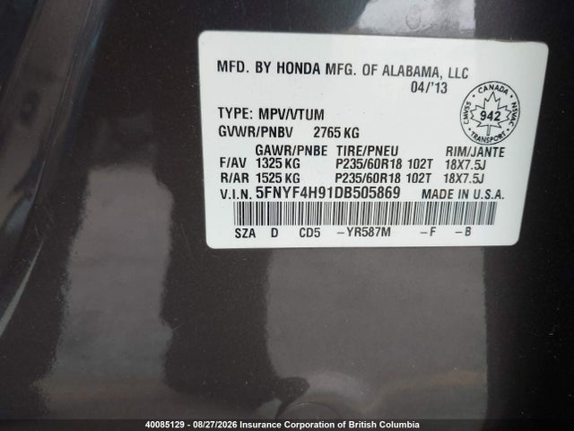 Продаж на аукціоні авто 2013 Honda Pilot, vin: 5FNYF4H91DB505869, номер лоту: 40085129
