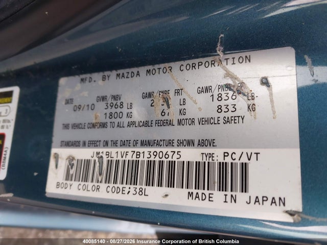 40085140 :رقم المزاد ، JM1BL1VF7B1390675 vin ، 2011 Mazda 3 I مزاد بيع